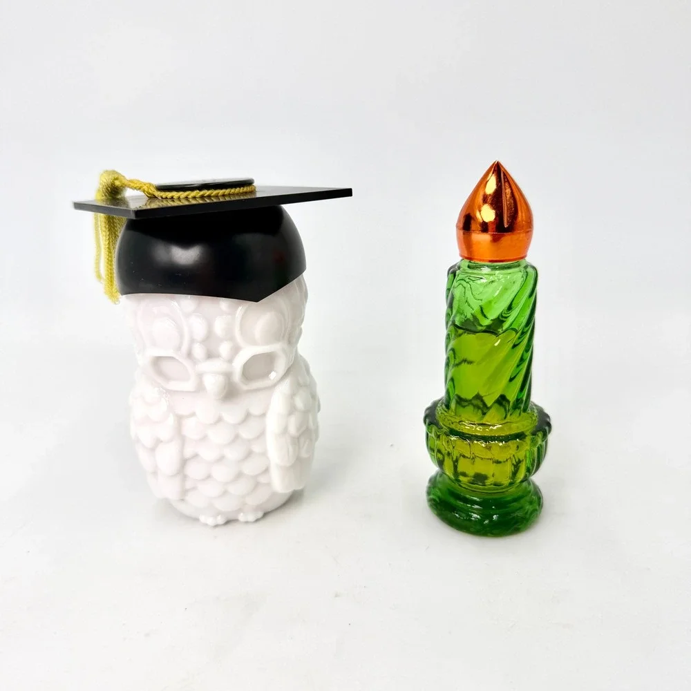 Vintage Avon‎ Cologne Bottles Lot Graduation Owl Milk Glass Green Candle 1970s